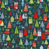 trees cars reindeer and houses on teal background