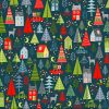 trees cars reindeer and houses on teal background