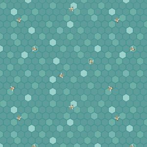 teal coloured honeycomb print fabric with small bees by riley blake