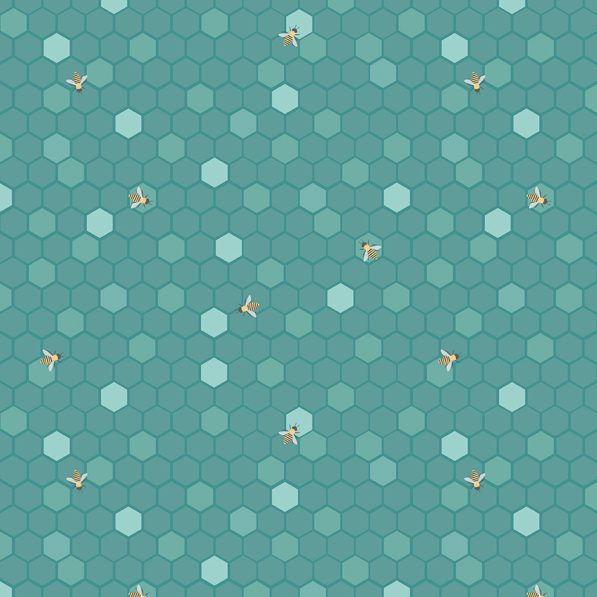 teal coloured honeycomb print fabric with small bees by riley blake