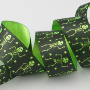 Fluorescent Green Dancing Skeleton on Black Satin Ribbon