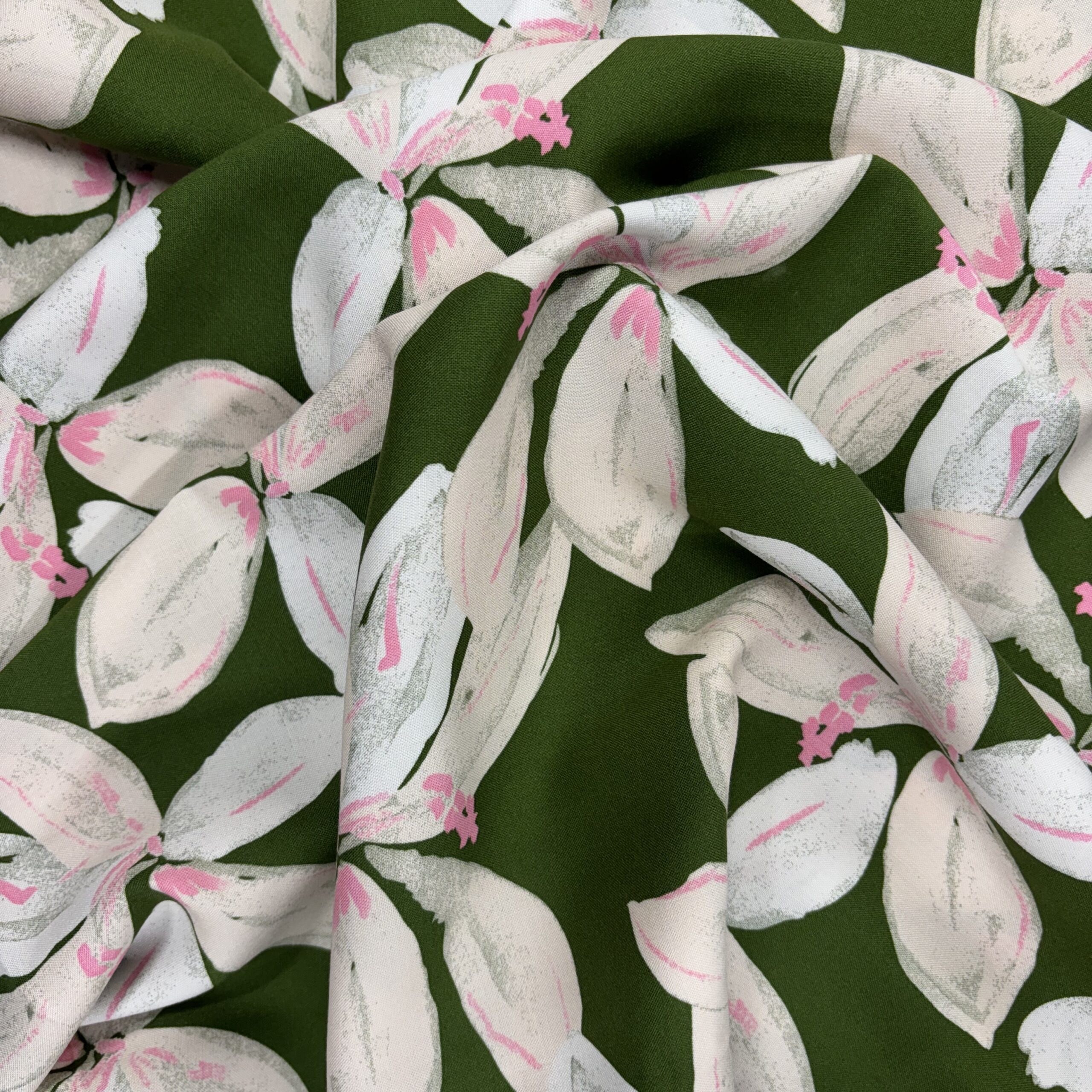 Olive Green and Pink Floral Print Viscose