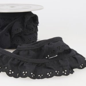 34mm Brodery Anglaise Gathered Trim - Black