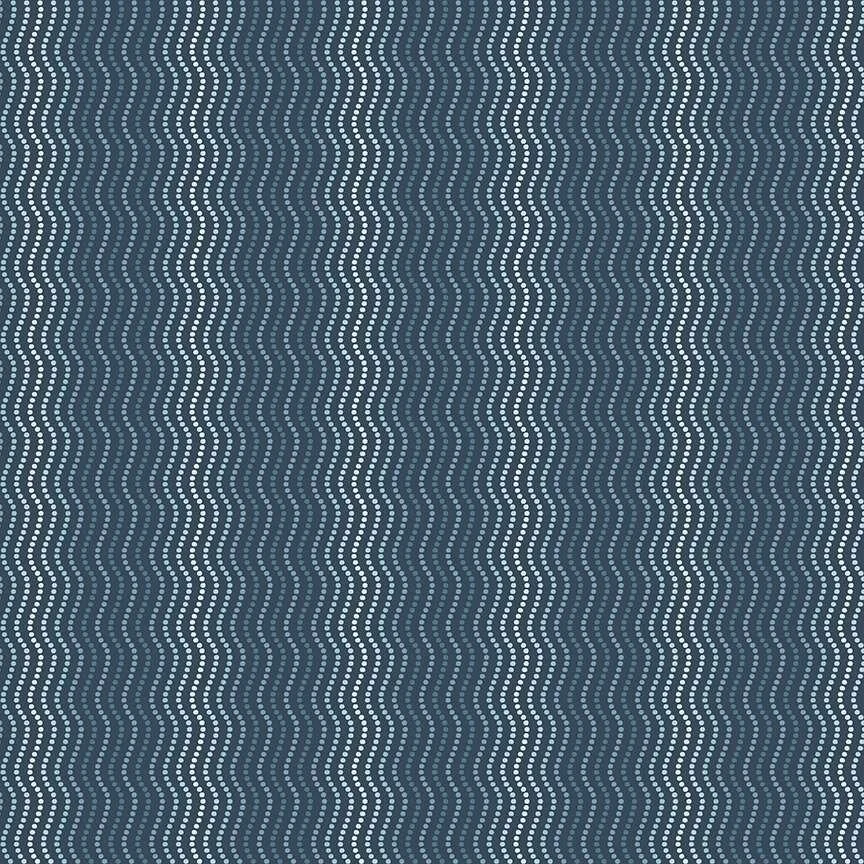 Makower UK High Tide Waves dark blue quilting cotton with wavy lines of tiny pale blue and white dots