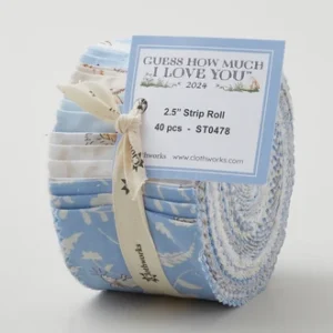 Clothworks Guess How Much I Love You 2024 blue 2.5 inch strip roll of 40 pre-cut strips tied with a ribbon