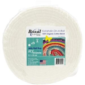 Bosal Katahdin On-A-Roll organic cotton batting strips, a 2.5 inch x 25 yard roll in its bag with the Jelly Roll Rug label