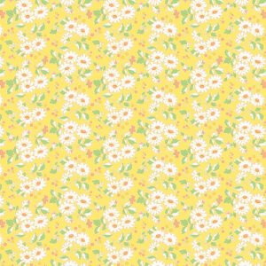 Henry Glass Nana Mae 7 yellow quilting cotton with white daisies, peach centres and green leaves