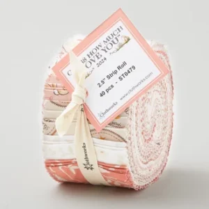 Clothworks Guess How Much I Love You 2024 pink 2.5 inch strip roll of 40 pre-cut strips tied with a ribbon